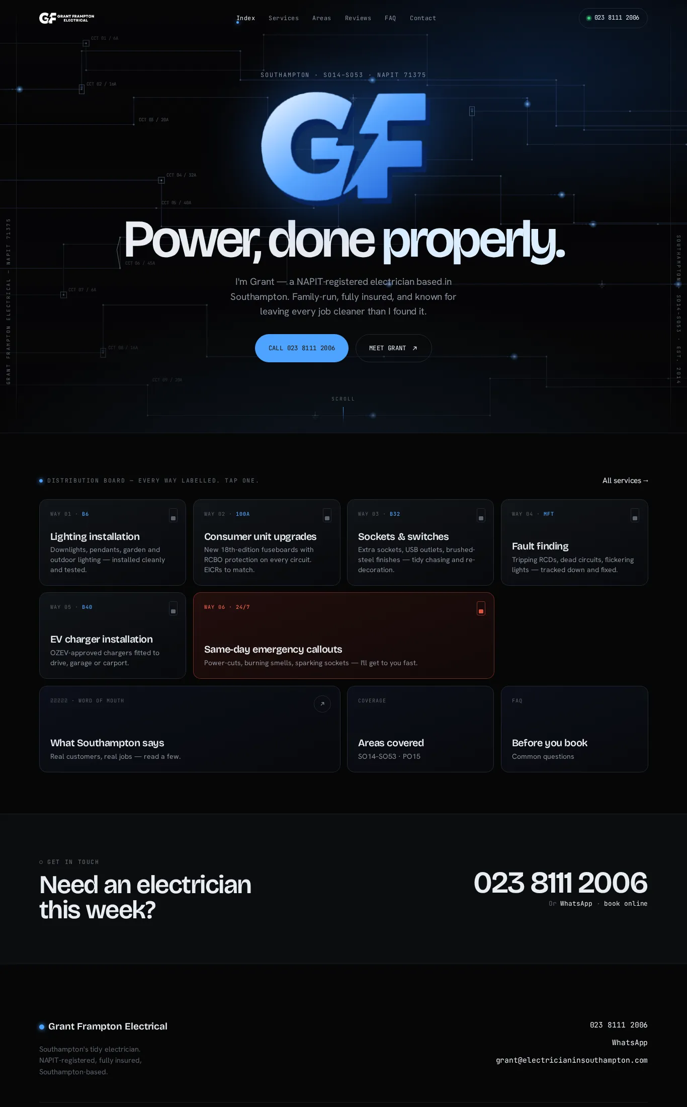 Screenshot of the Grant Frampton Electrical website